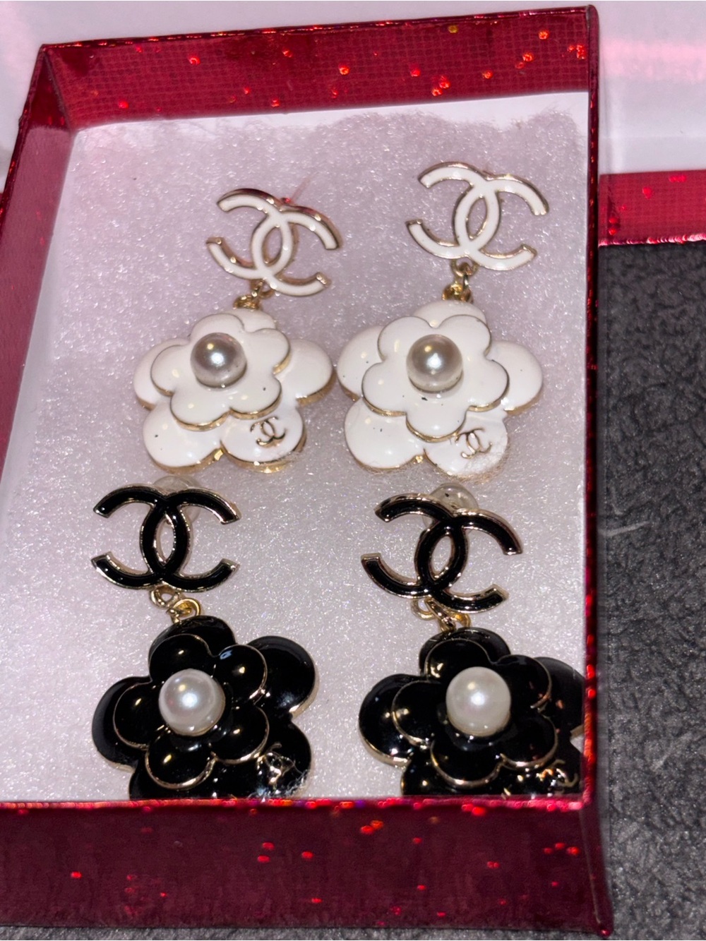 White & Black Camellia Drop Earrings with Pearl Accents - Picture 2 of 2